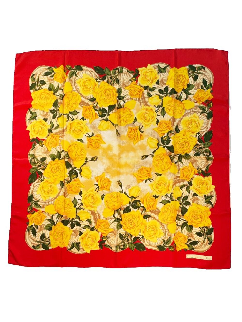Vintage Christian Dior Silk Scarf – Floral Roses – Rolled Hem – Made in Italy